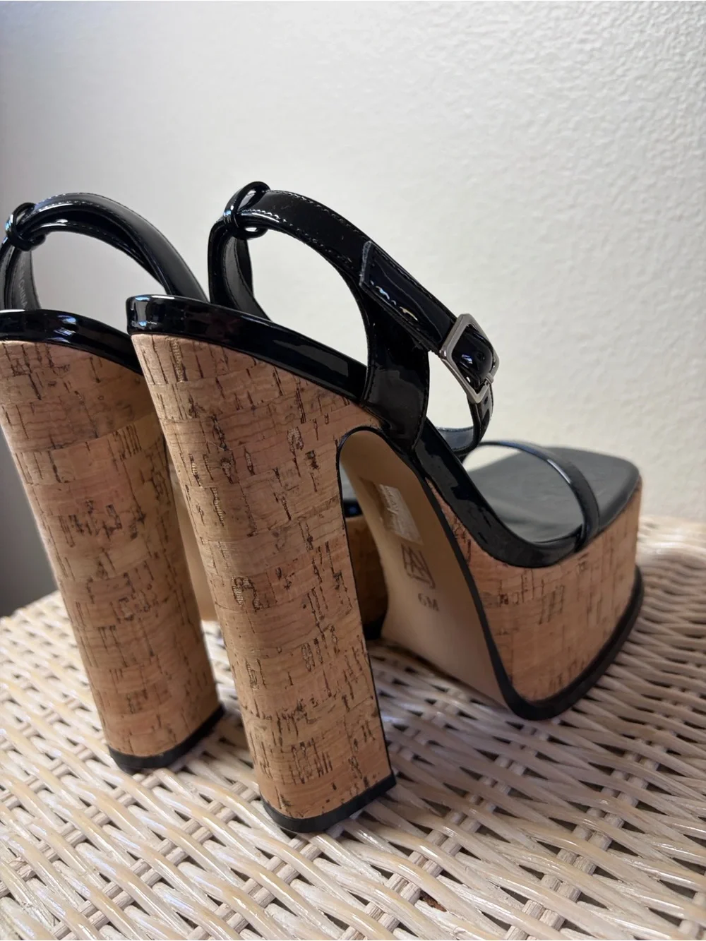 Black Patent Cork Platform Sandals with Ankle Strap
